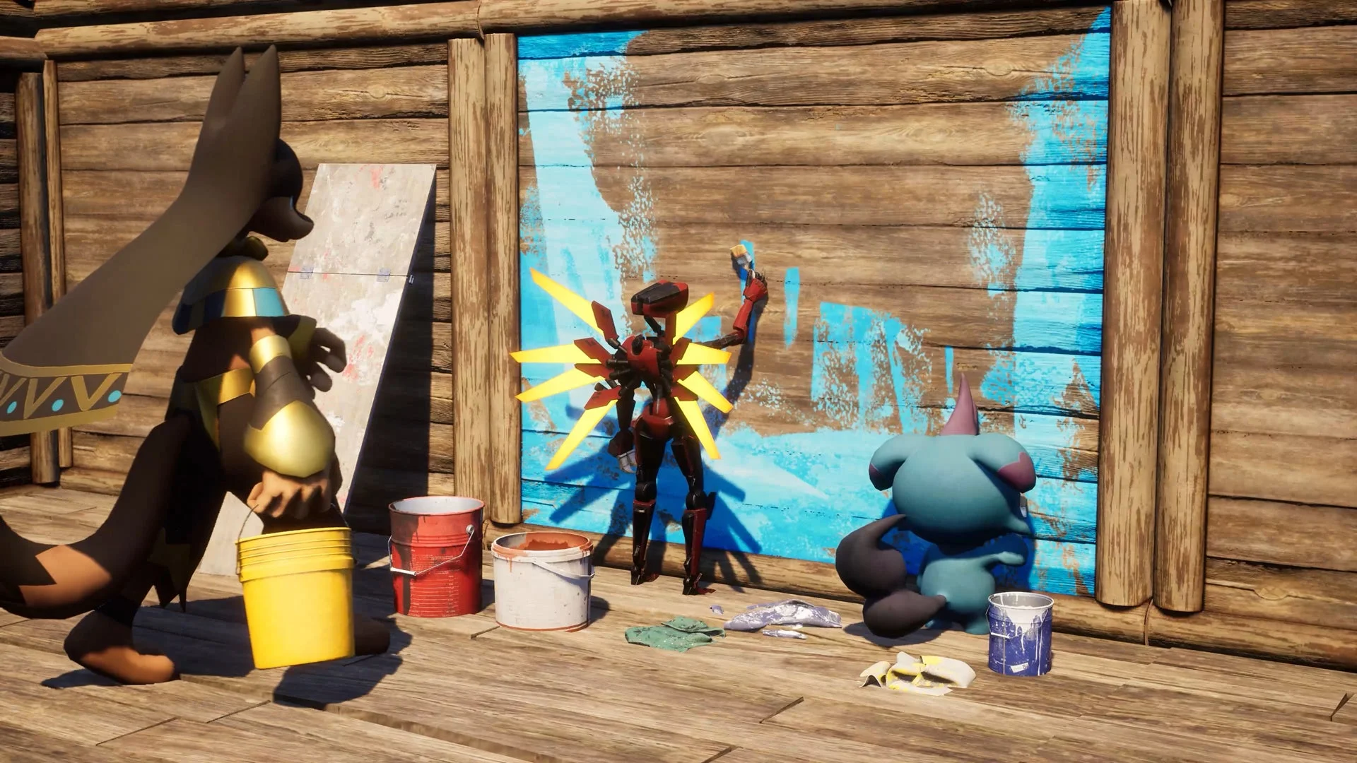 拠点の色変え機能で壁を青く塗るパルとULTRAKILLコラボスキン