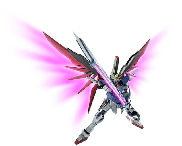 光の翼を広げアロンダイトビームソードを構えるデスティニーガンダム