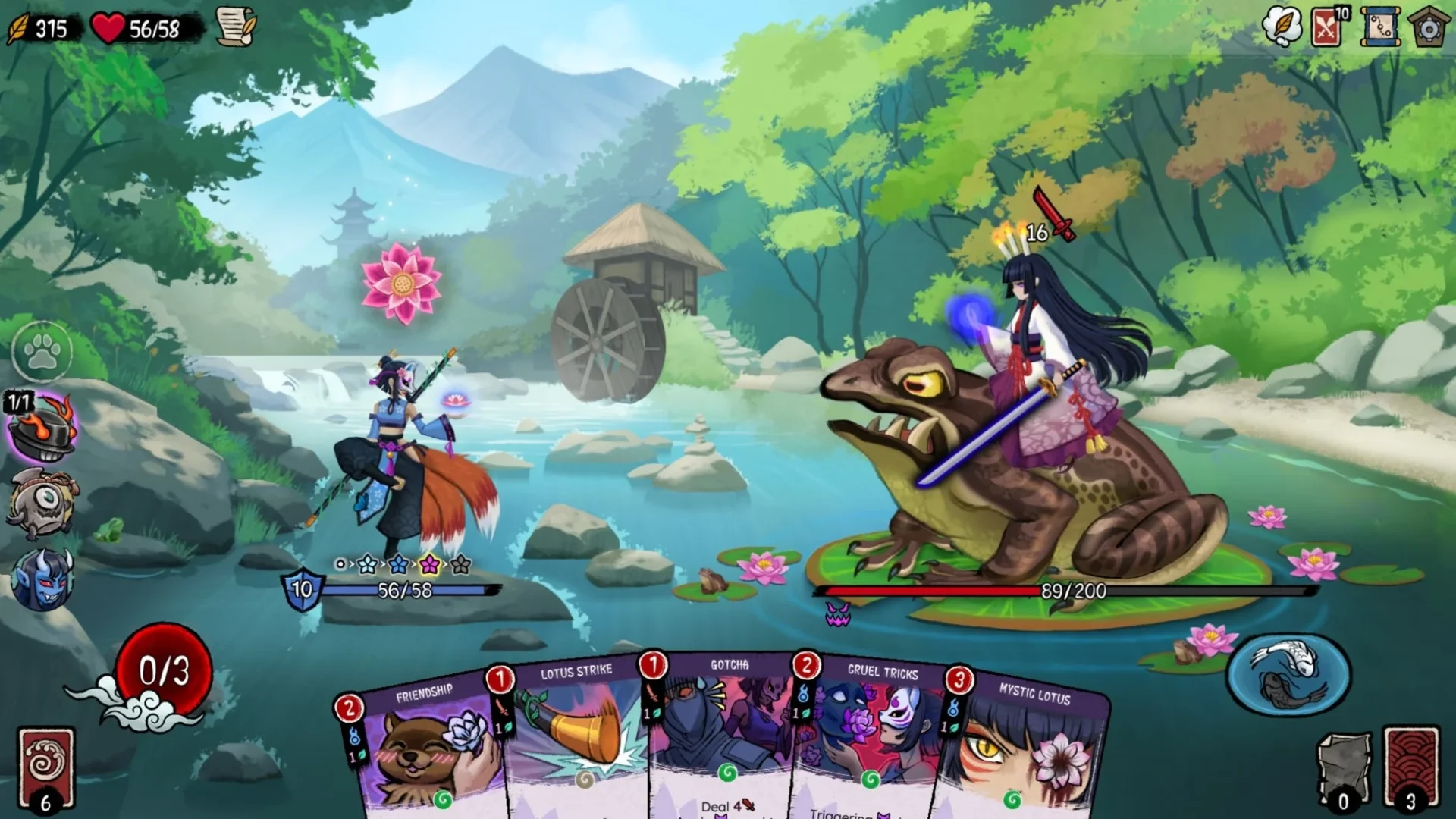 ローグライクデッキ構築ゲーム『Talespinner』の戦闘画面、カエルに乗った敵と戦うキャラクター