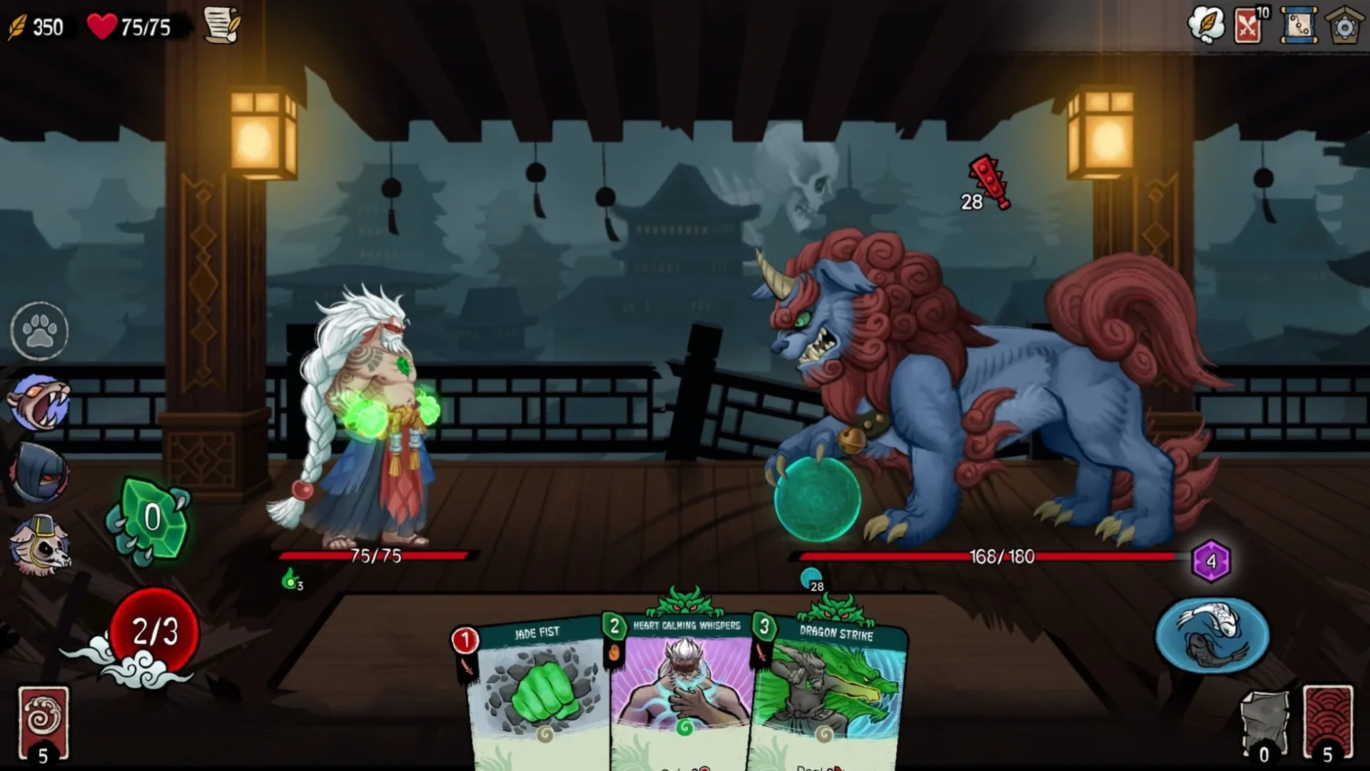 『Talespinner』の戦闘画面、狛犬のような姿のボス敵と対峙するキャラクター