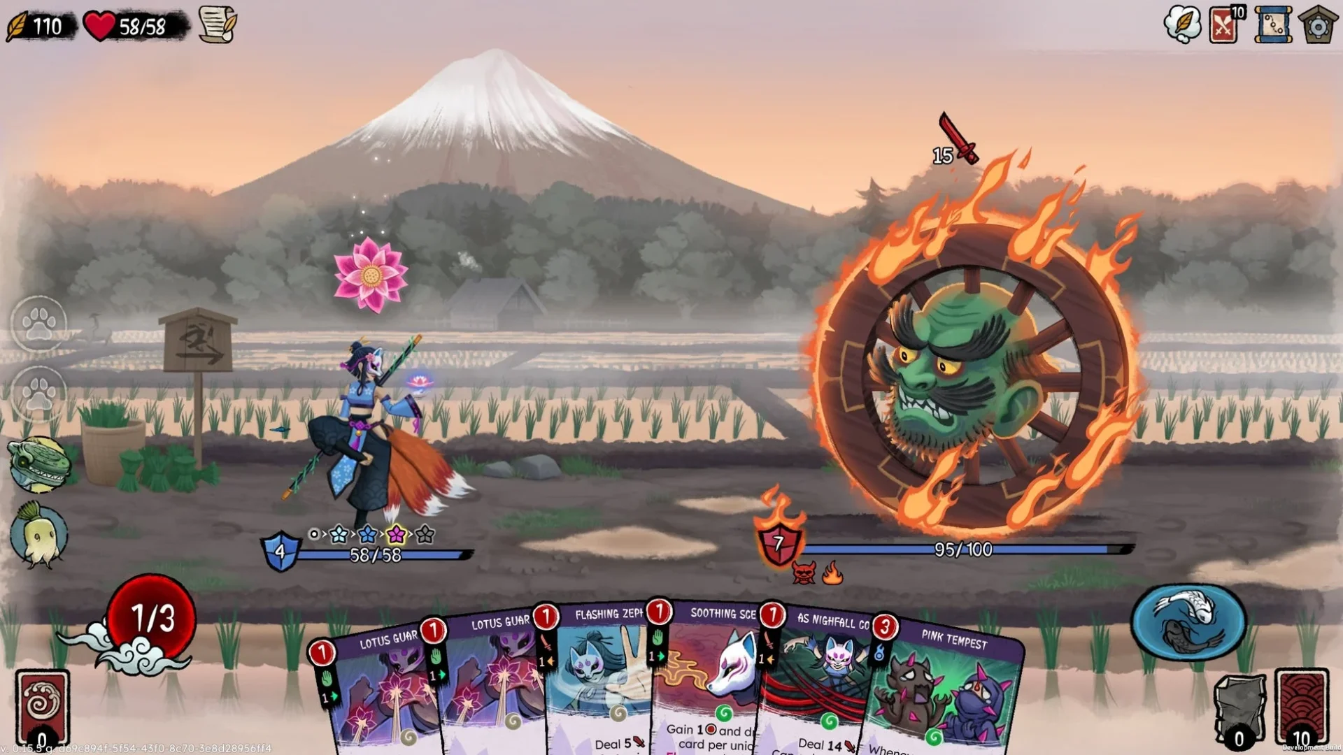 富士山を背景に炎の輪に乗った鬼と戦う『Talespinner』のゲームプレイ画面