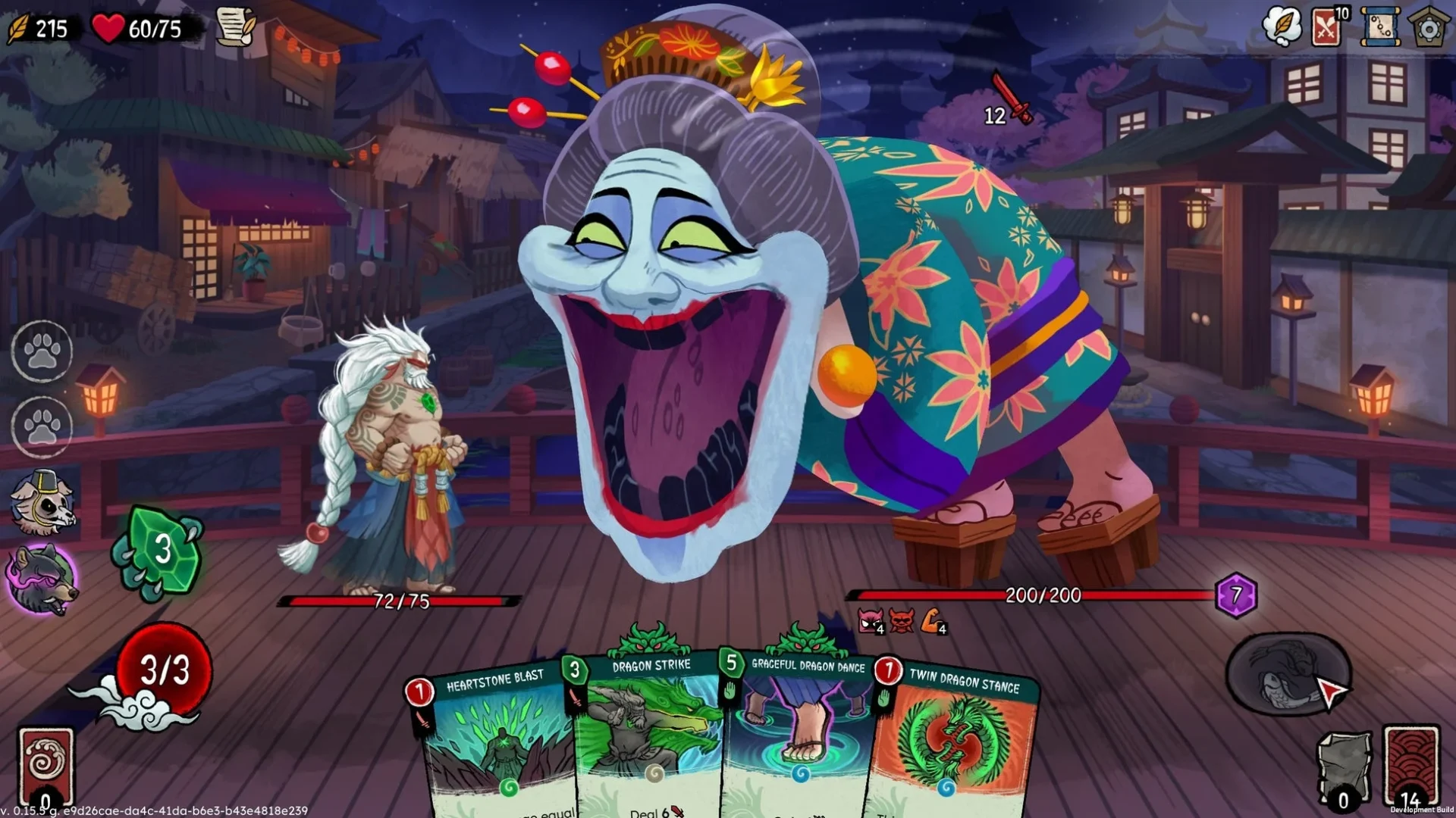 『Talespinner』の戦闘画面、巨大な顔と着物姿のボス敵と対峙するキャラクター