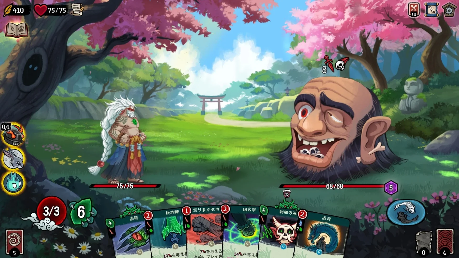 桜の木の下で首だけの妖怪と戦う『Talespinner』のゲームプレイ画面