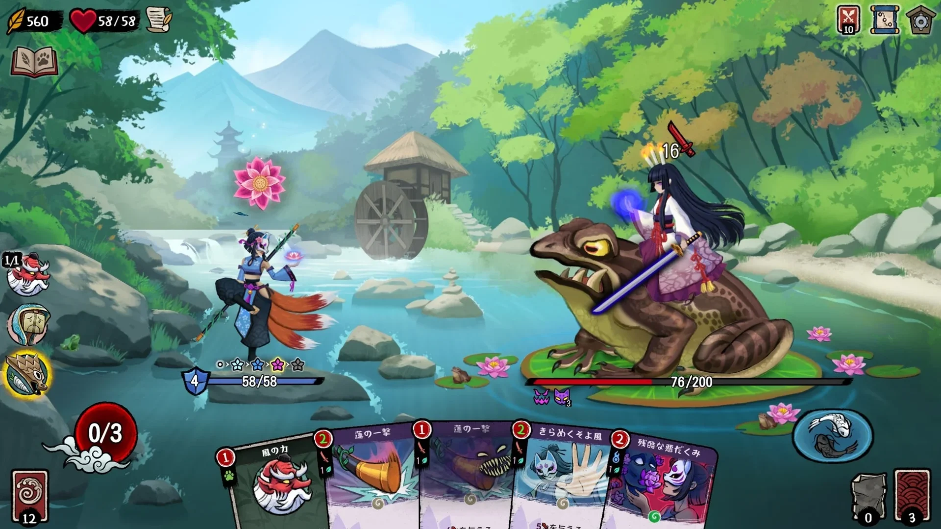 『Talespinner』の戦闘画面、水辺でカエルに乗った敵と対峙するキャラクター（日本語カード）