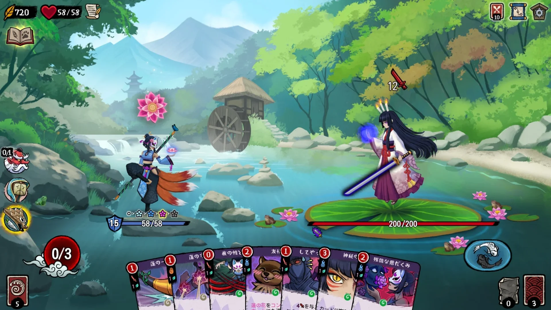 『Talespinner』の戦闘画面、水辺のステージでカエルに乗った敵と戦う