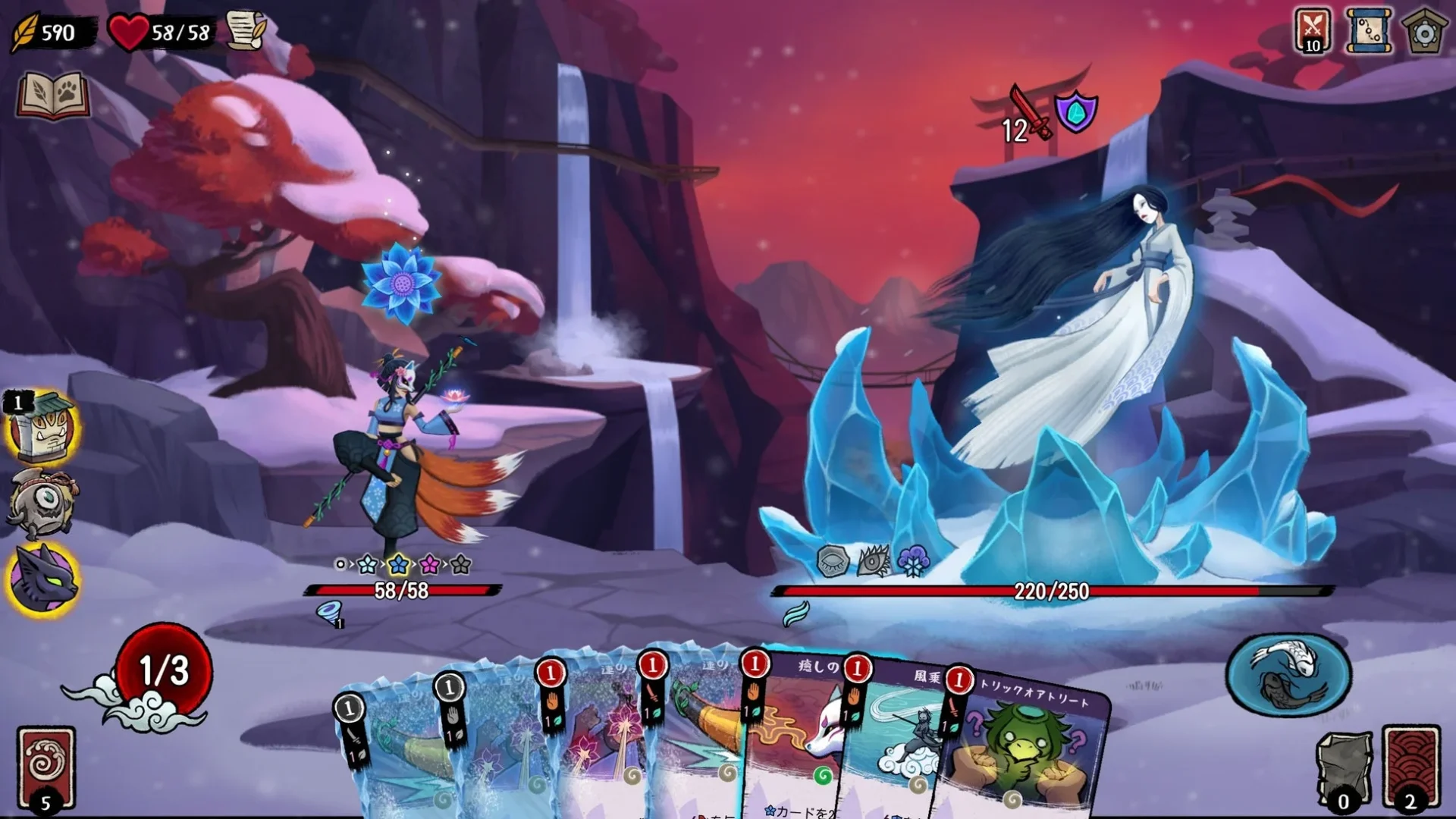 雪山を背景に雪女のようなボスと戦う『Talespinner』のゲームプレイ画面