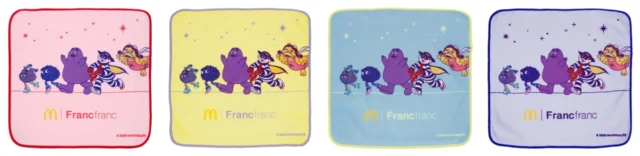 マクドナルドファミリーとFrancfrancロゴがデザインされた4色のハンドタオル