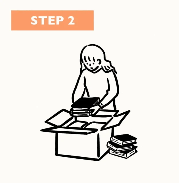 ブックサプライ宅配買取サービスのSTEP2、ダンボールに本やゲームを詰めるイラスト