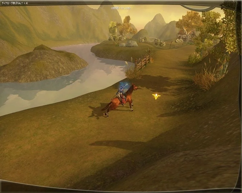 アトランティカの広大なフィールドを馬で移動するゲーム画面