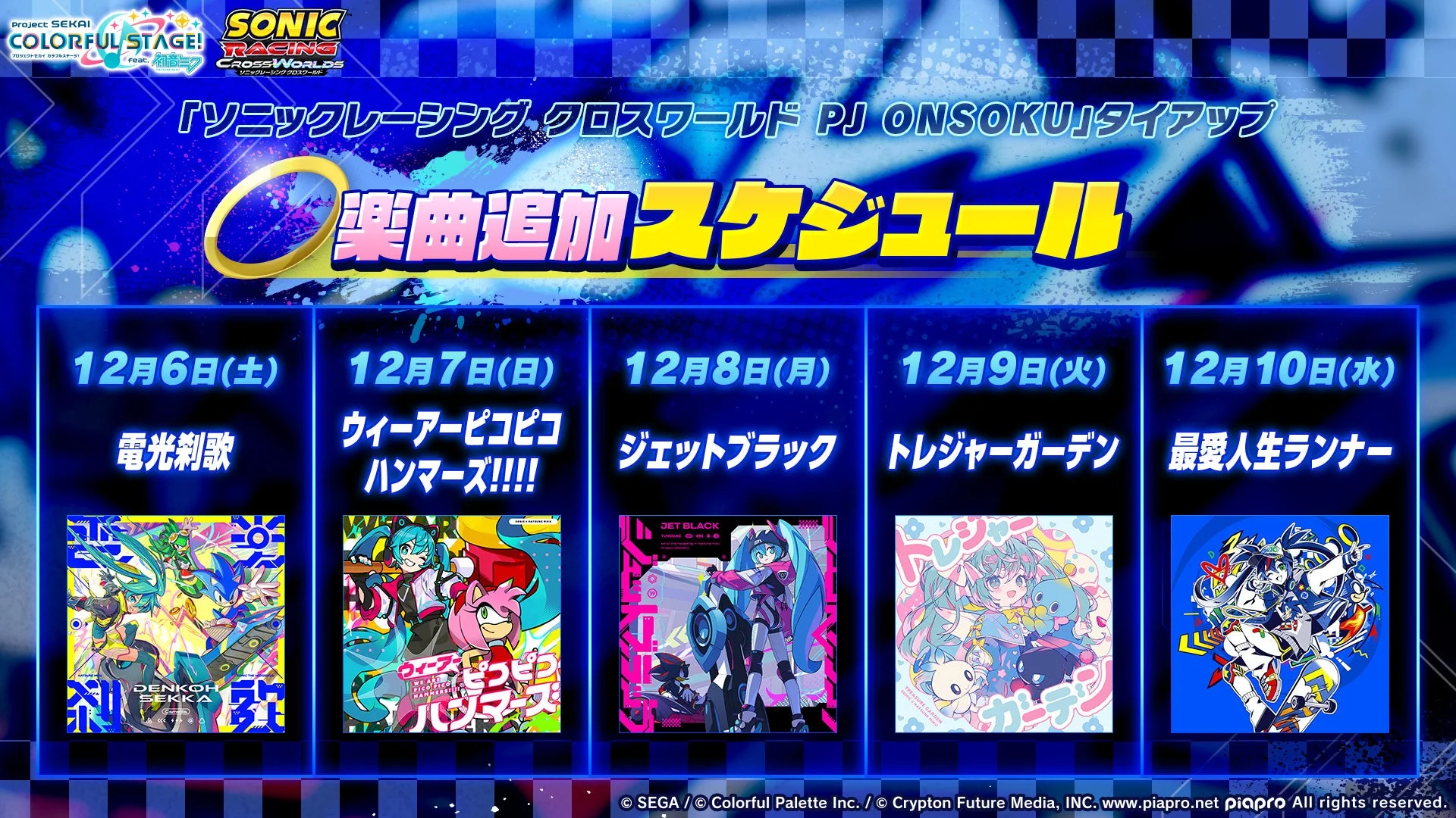 ソニックレーシングクロスワールドPJ ONSOKUタイアップ楽曲の追加スケジュールとジャケット