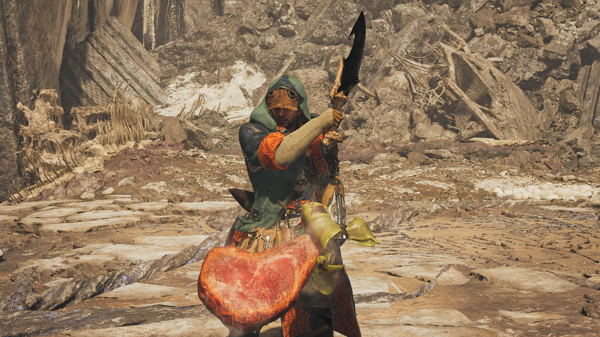 こんがり肉と剥ぎ取りナイフをモチーフにした双剣テイスティを構えるハンター