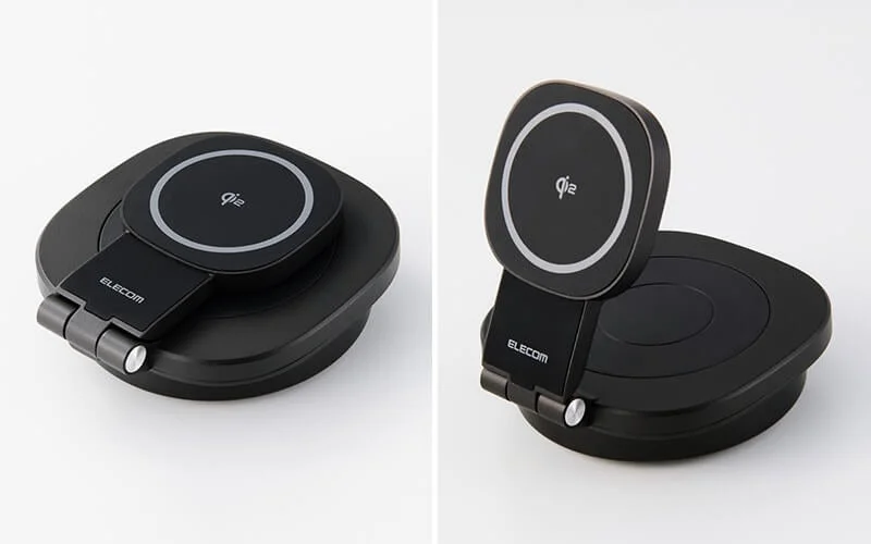 Qi2ドッキングステーションの折りたたみ時とスタンド使用時の外観