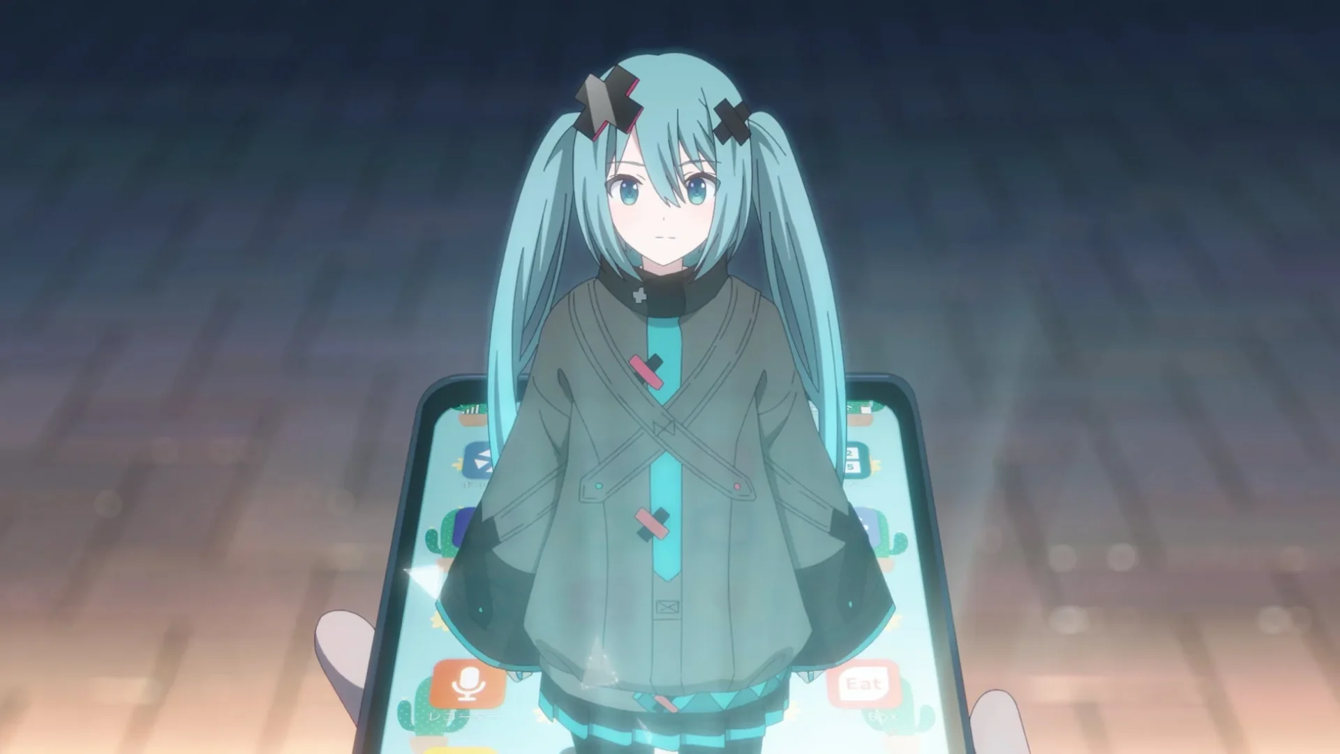 スマートフォン画面に映し出された初音ミクのキャラクター