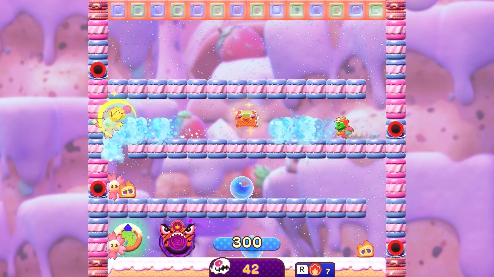 「バブルボブル シュガーダンジョン」バブルンが泡で敵を倒すゲームプレイ画面