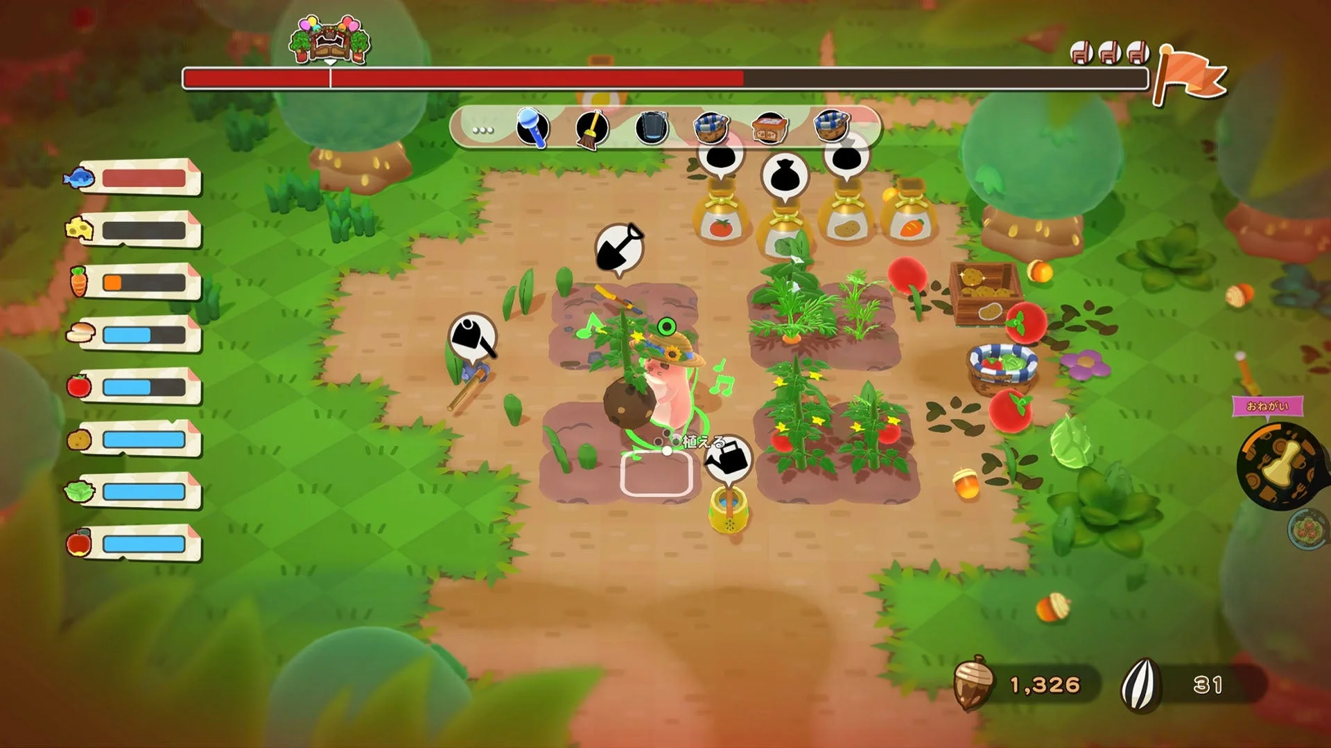 畑で野菜を栽培し収穫するファーマーのゲーム画面