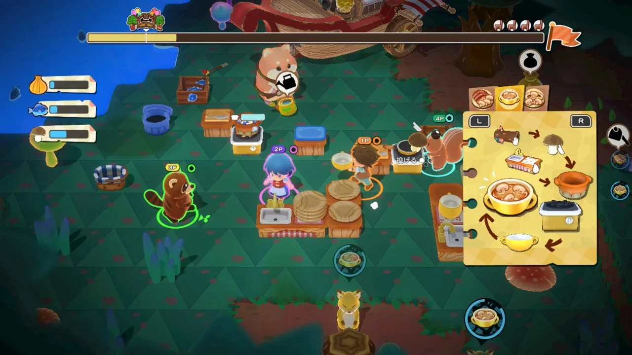 森ステージでキノコを採取しスープを作るゲーム画面