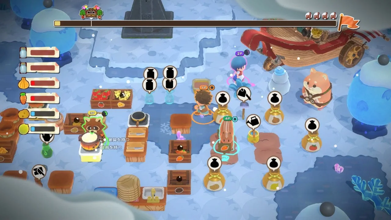 雪ステージで地面が滑る中、料理をするゲーム画面