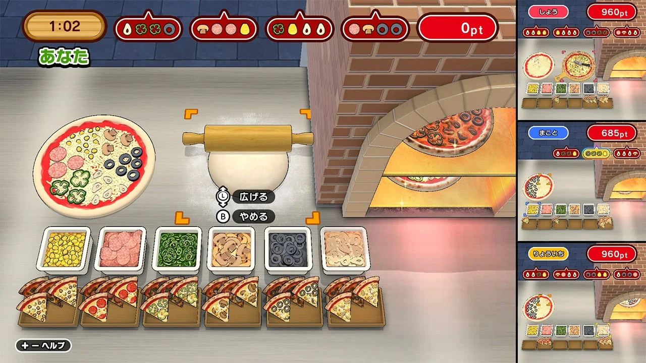 ピザ生地を広げトッピングするゲームプレイ画面とマルチプレイUI