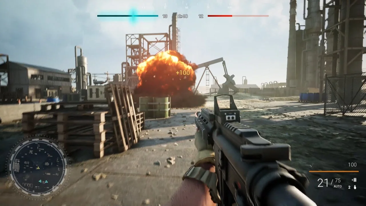 化学プラント地帯での激しい銃撃戦と爆発の様子