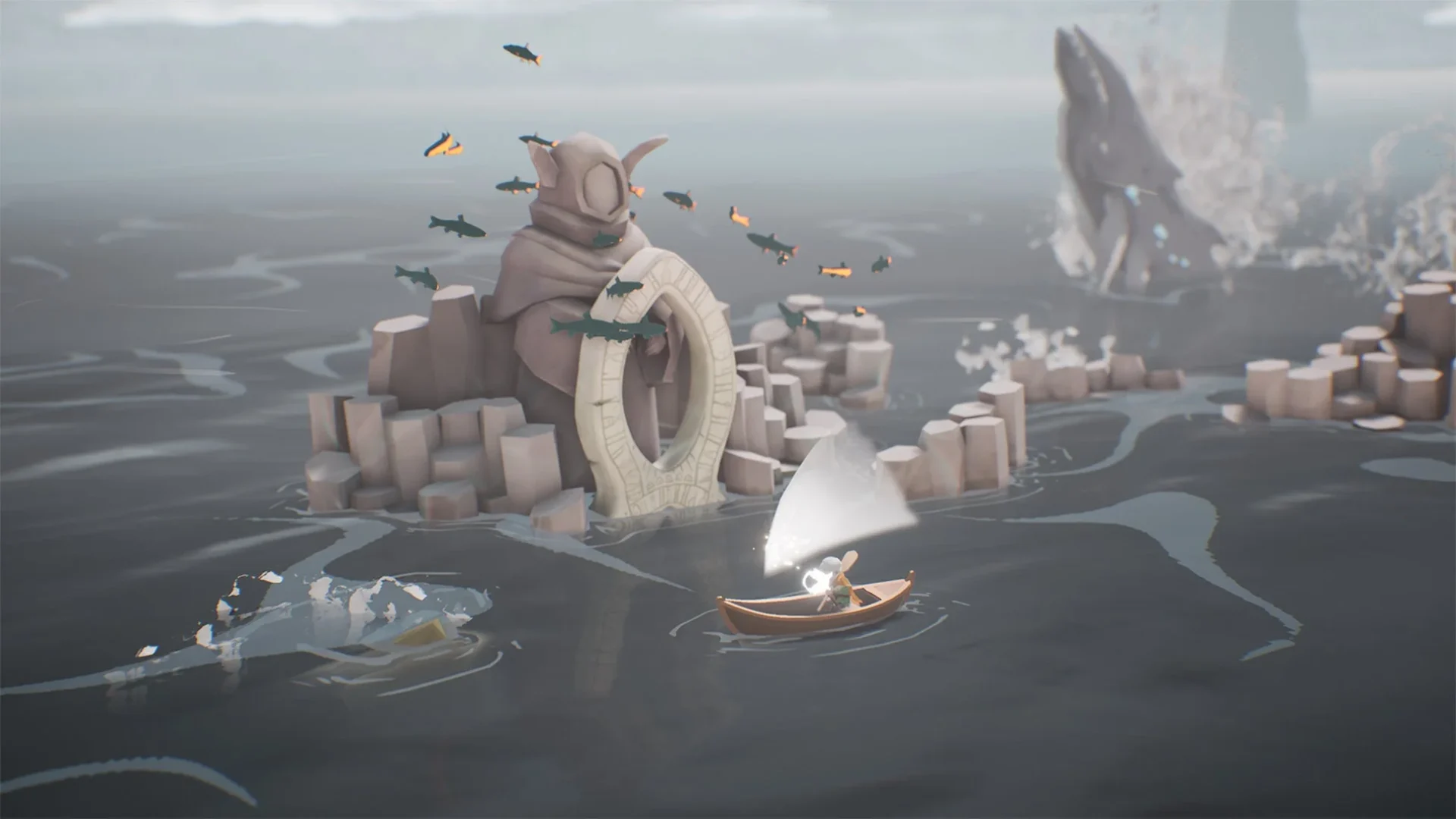 小舟に乗ってクジラ信仰のモニュメントを巡るゲームプレイ画面