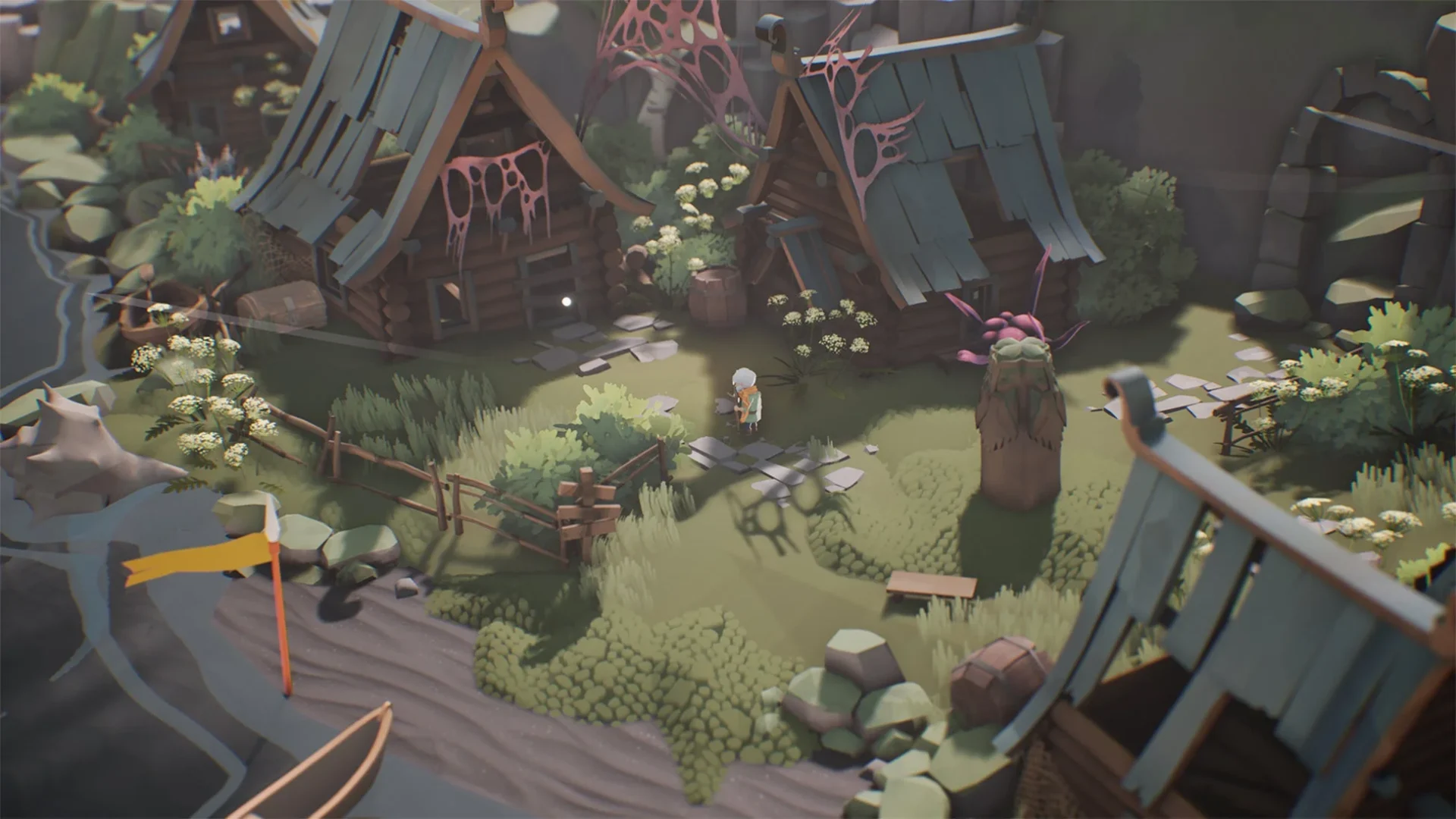 『Selfloss』の世界を徒歩で探索するカジミールと村の風景