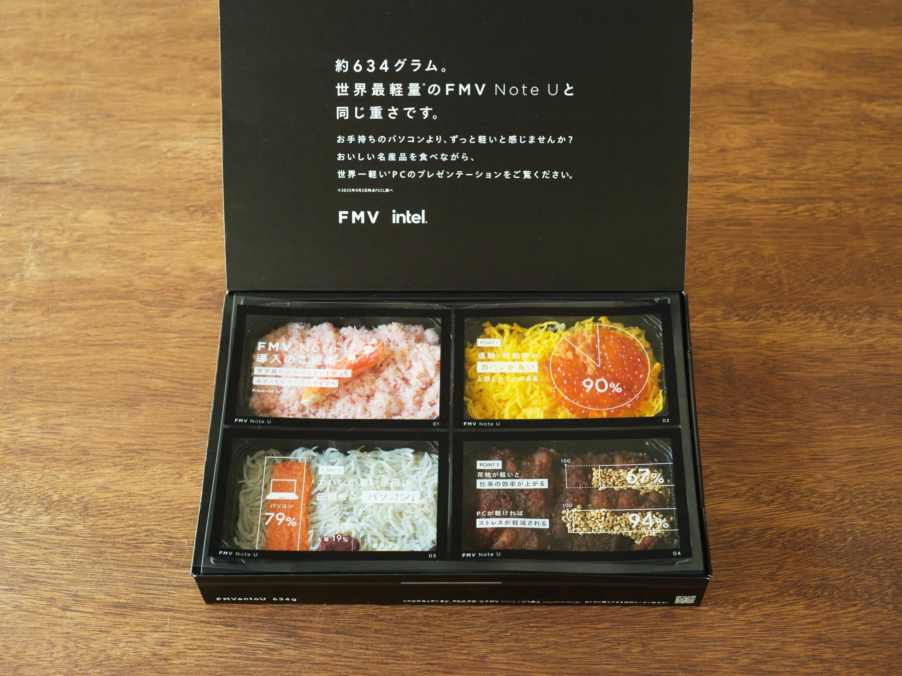 FMVentoU弁当と「約634グラム、世界最軽量のFMV Note Uと同じ重さです。」のメッセージ