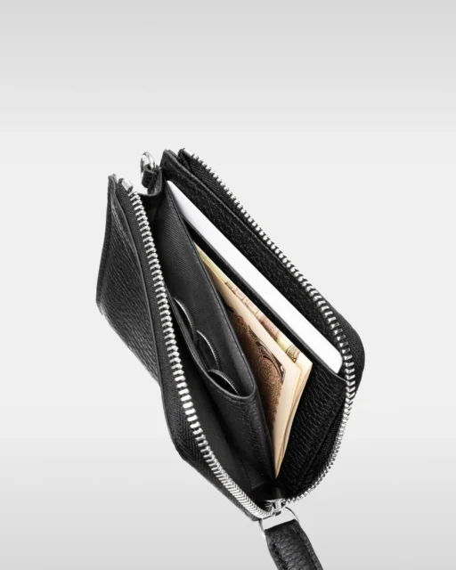 マイクロジップウォレットの内部、紙幣とコインを収納した様子