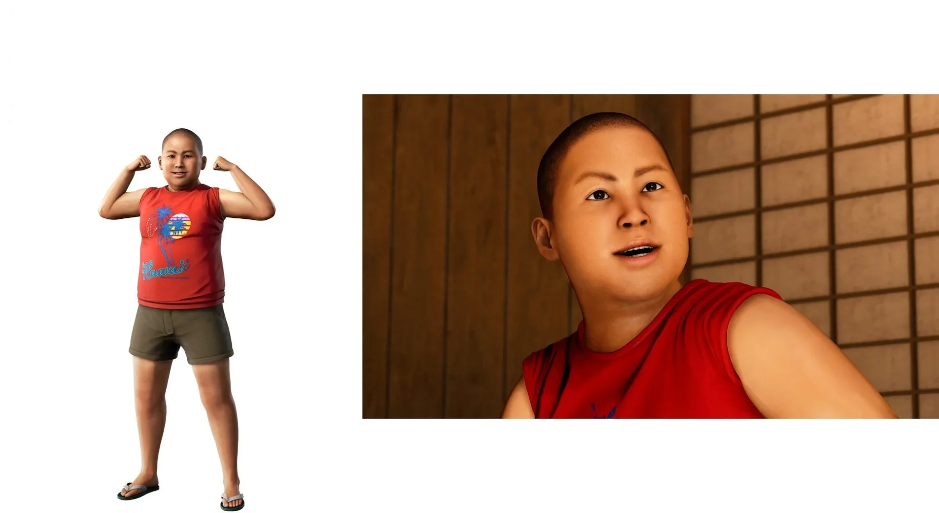 アサガオの子供たちの一人、太一のキャラクター画像とゲーム画面