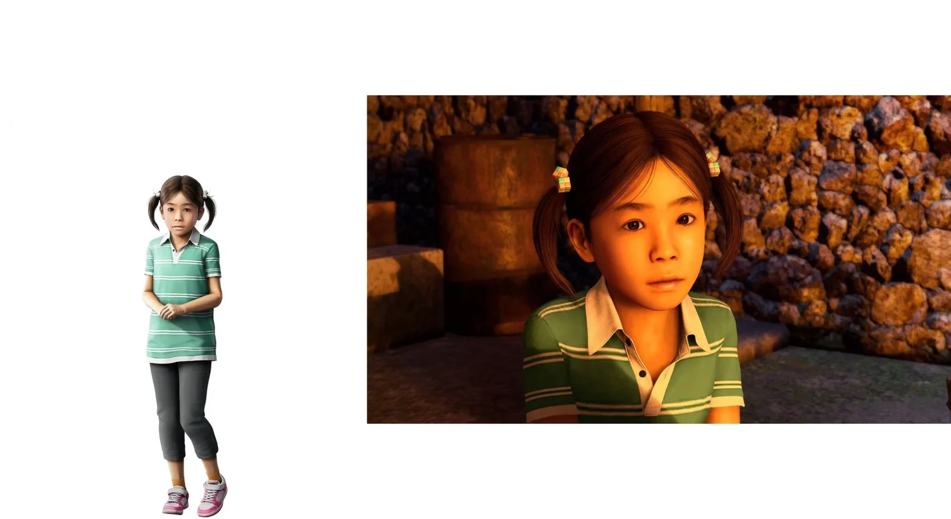 アサガオの子供たちの一人、エリのキャラクター画像とゲーム画面