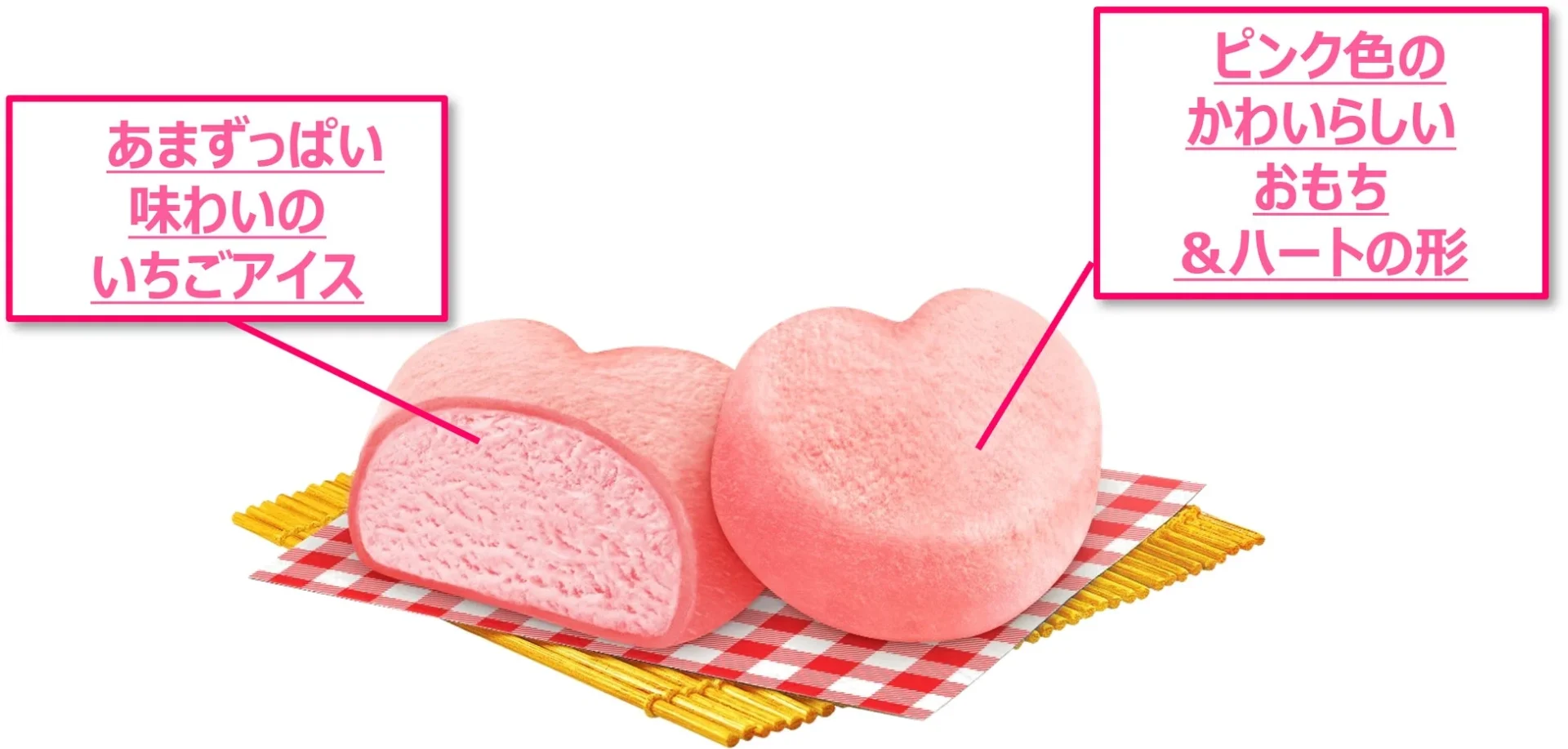 ハートのいちご雪見だいふくの断面図と特徴（いちごアイス、ピンクのおもち）