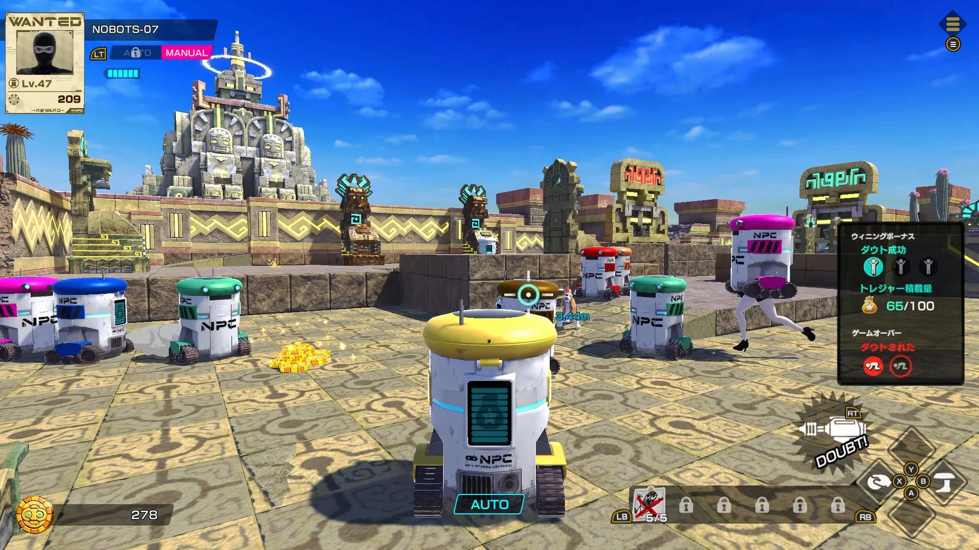 『VIVA NOBOTS』のゲームプレイ画面。遺跡でロボットたちが活動している様子