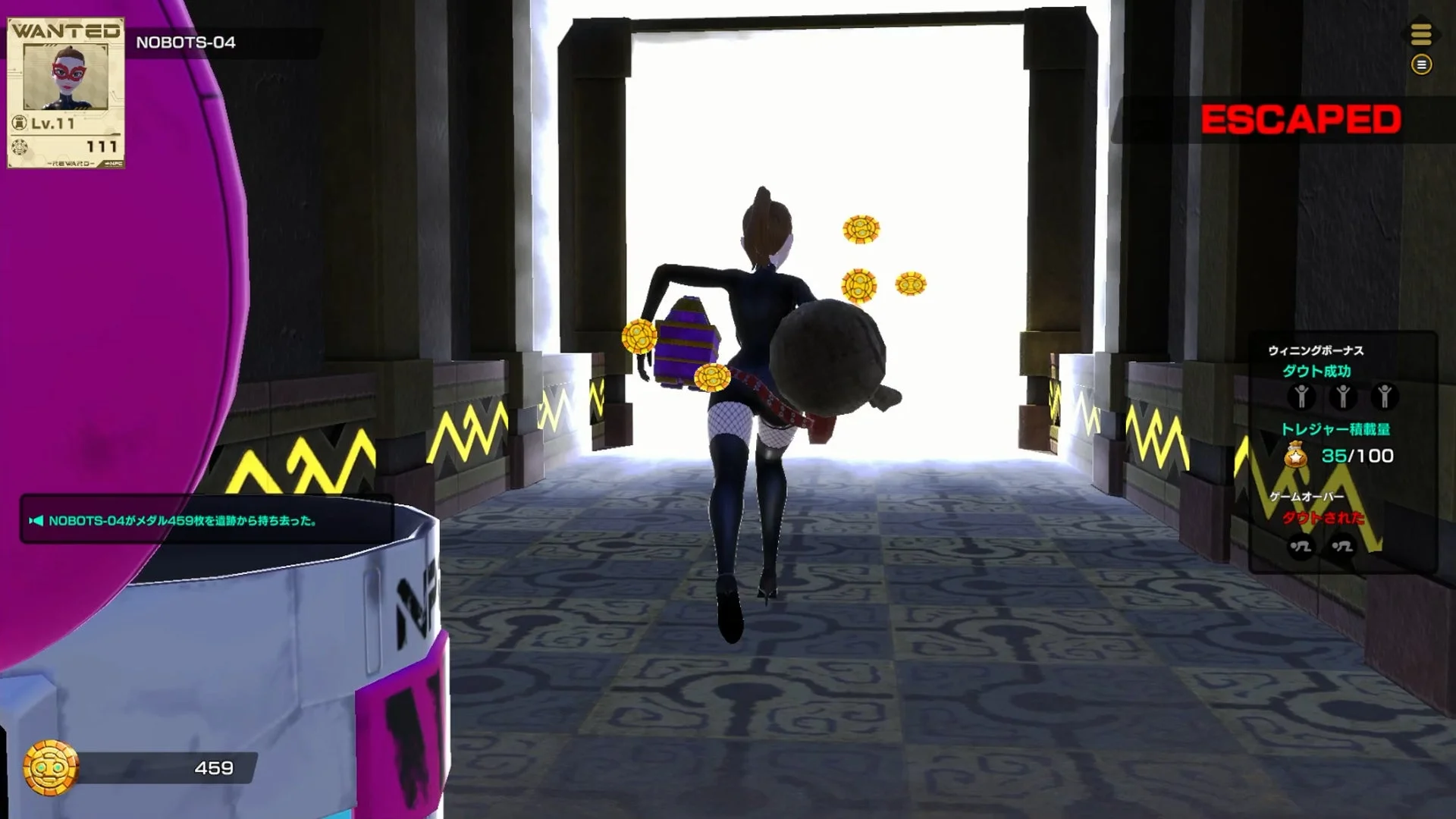 『VIVA NOBOTS』のゲームプレイ画面。お宝を持って遺跡から脱出するプレイヤー