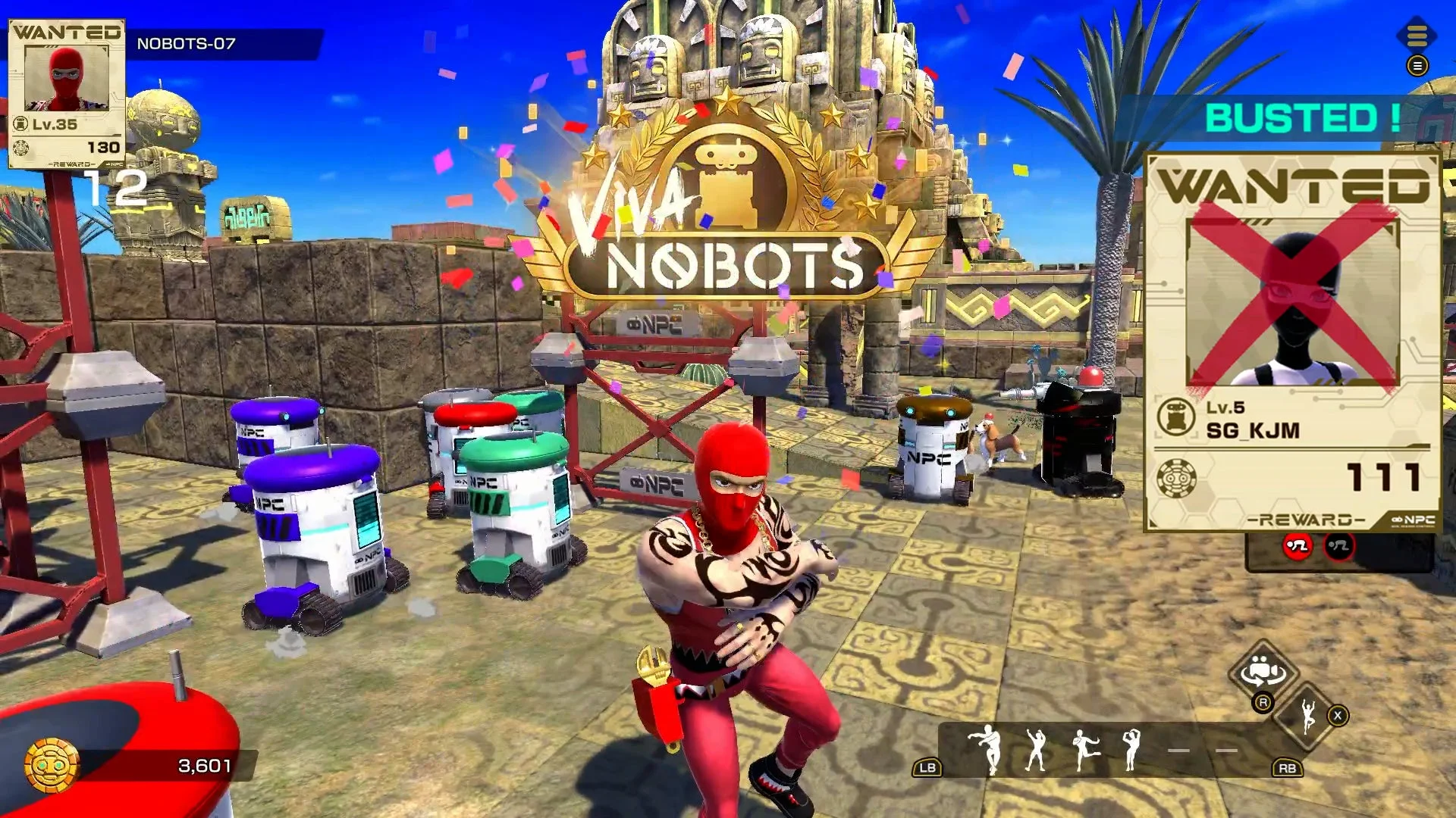 『VIVA NOBOTS』のゲームプレイ画面。正体が暴かれ「BUSTED!」と表示された瞬間