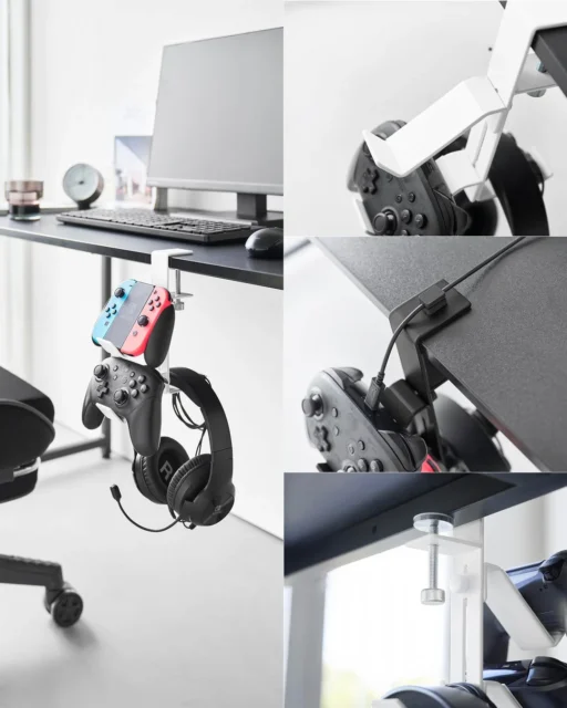 山崎実業のデスク横ゲームコントローラーラックとヘッドホン収納