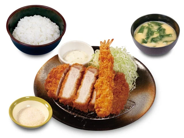 国産雪国育ち厚切りロースかつと海老フライ1尾の定食