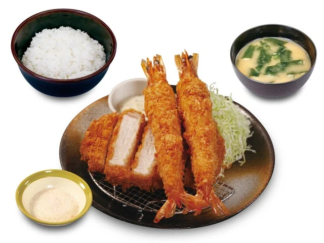 国産雪国育ち厚切りロースかつと有頭大海老フライ2尾の定食