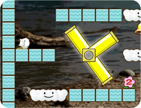 『ぴんぴんコロコロ』ゲーム画面。Y字型のギミックを操作してタマネコをゴールへ導く。