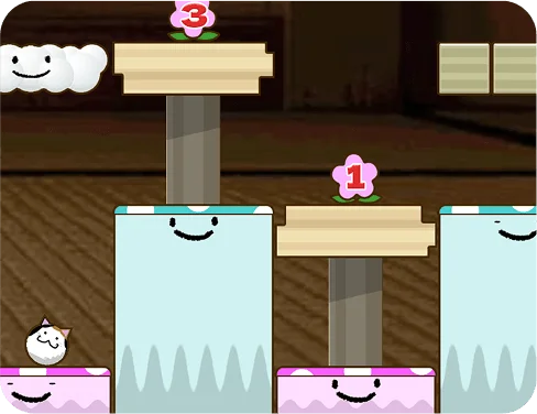 『ぴんぴんコロコロ』ゲーム画面。動く足場を使い、猫キャラクターを操作するパズル要素。
