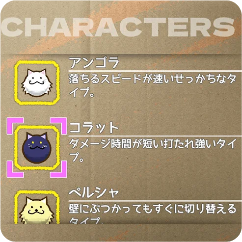 『ぴんぴんコロコロ』のキャラクター紹介画面。アンゴラ、コラット、ペルシャのタマネコと特徴。