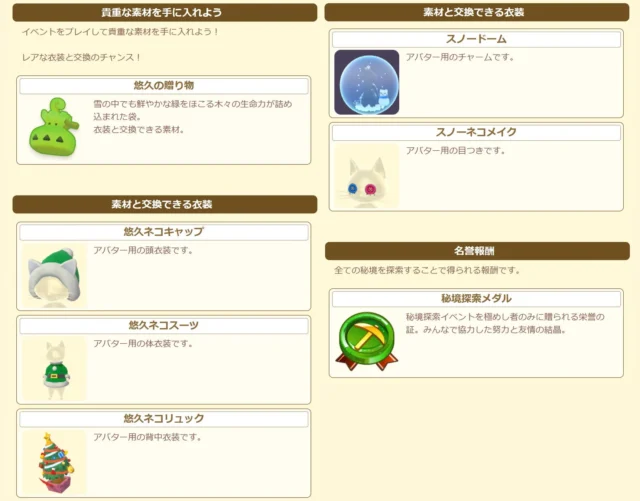 新イベント「みんなで秘境探索！＜悠久の贈り物＞」報酬アイテム一覧