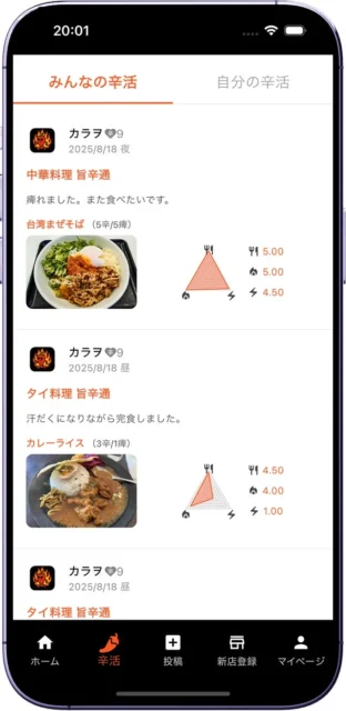旨辛通アプリのユーザー投稿「辛活」画面