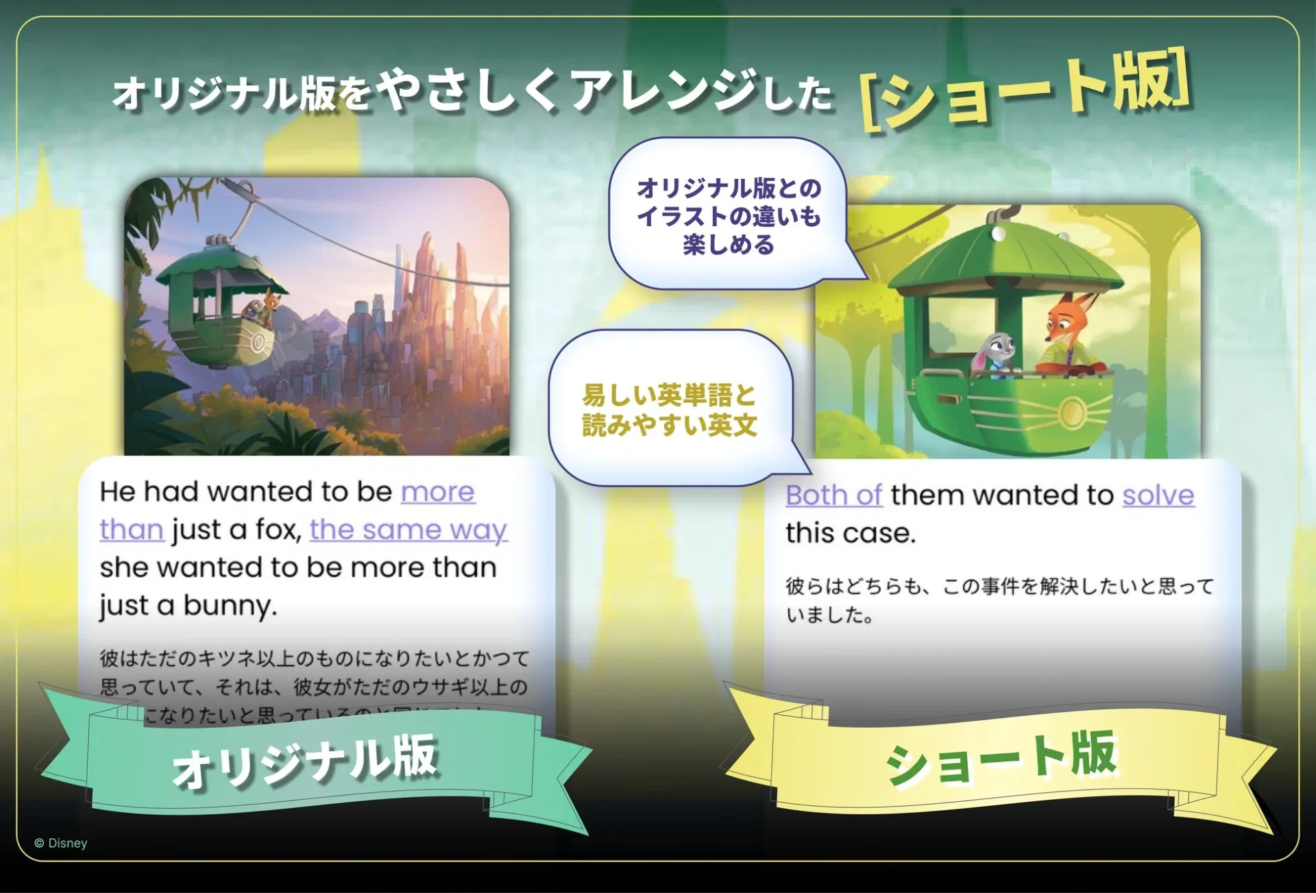 ディズニー ファンタスピークの『ズートピア』教材、オリジナル版とショート版の比較画面。