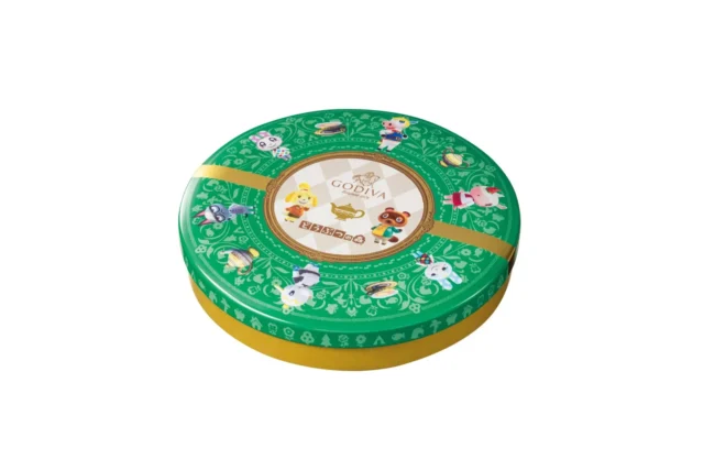 グリーンの円形缶「ゴディバ meets どうぶつの森 アソートメント 9粒入」