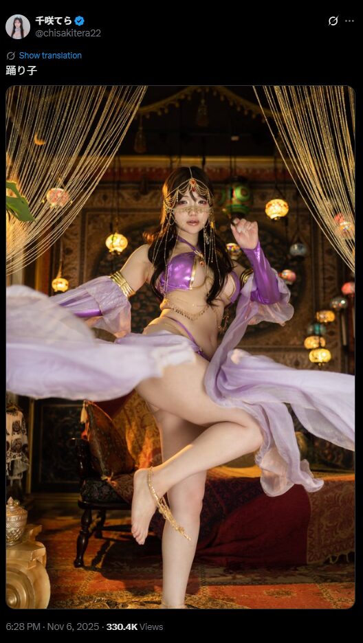 妖艶すぎる踊り子！　千咲てら、セクシーなベリーダンサー衣装で魅惑的なダンスポーズを披露