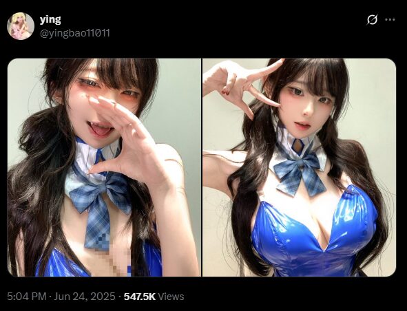 エッチすぎるバストライン！　ying、青いエナメルボディスーツで魅せる究極セクシーコスプレ