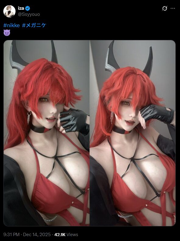 悪魔のような魅惑さ！　iza、『勝利の女神：NIKKE』レッドフードのコスプレで圧倒的セクシーさを披露