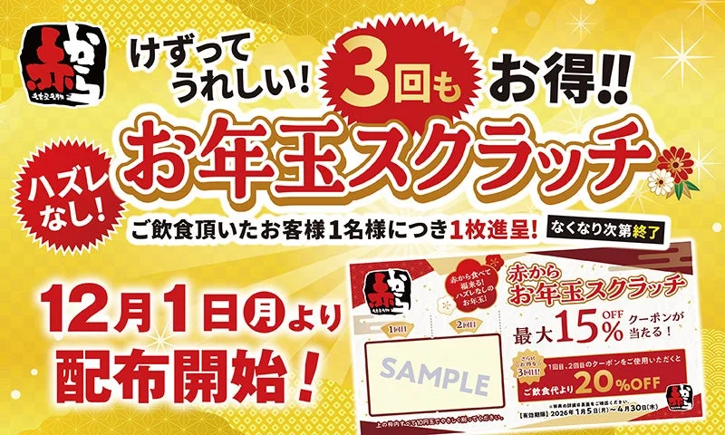 赤からのお年玉スクラッチキャンペーンのメインビジュアル。最大20%OFFと配布開始日。