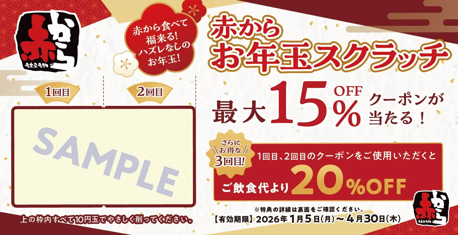 赤からお年玉スクラッチカードのデザインと最大15%OFF、20%OFFの特典内容。