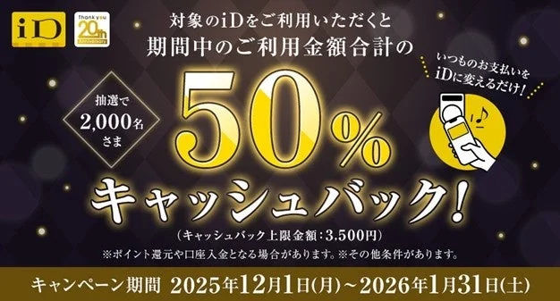 iD 20周年記念 50%キャッシュバックキャンペーンのメインビジュアル