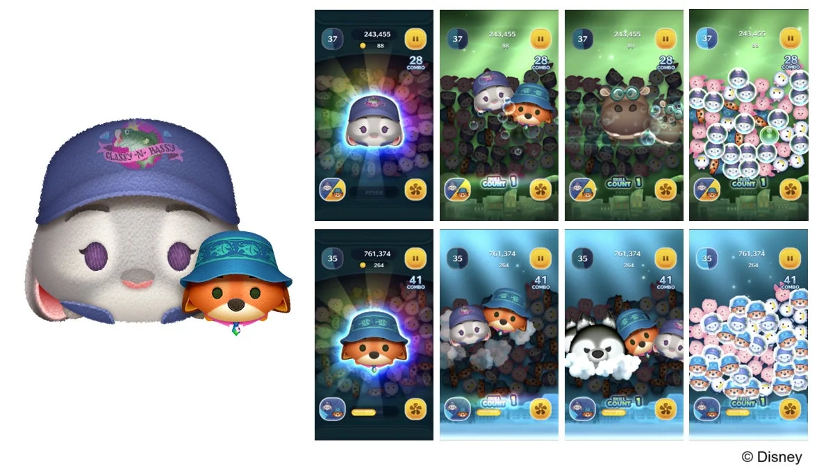 「ジュディ&ニック」ツムのスキル発動画面とペアツム詳細